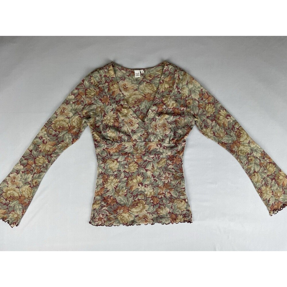 Sweet Pea Long Sleeve V Neck Mesh Blouse Women’s Large Fall Floral Y2K Brown Red
